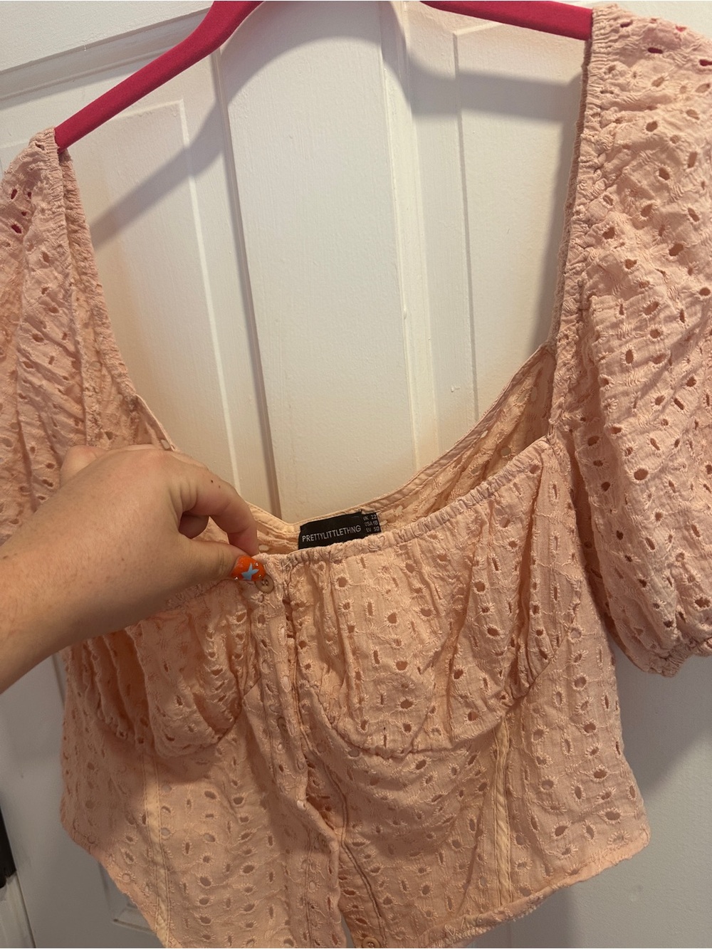 PrettyLittleThing Peach Eyelet Puff Sleeve Crop Top